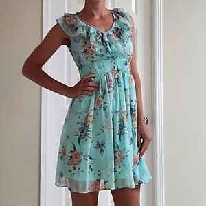 Bird and floral mini dress with ruffles